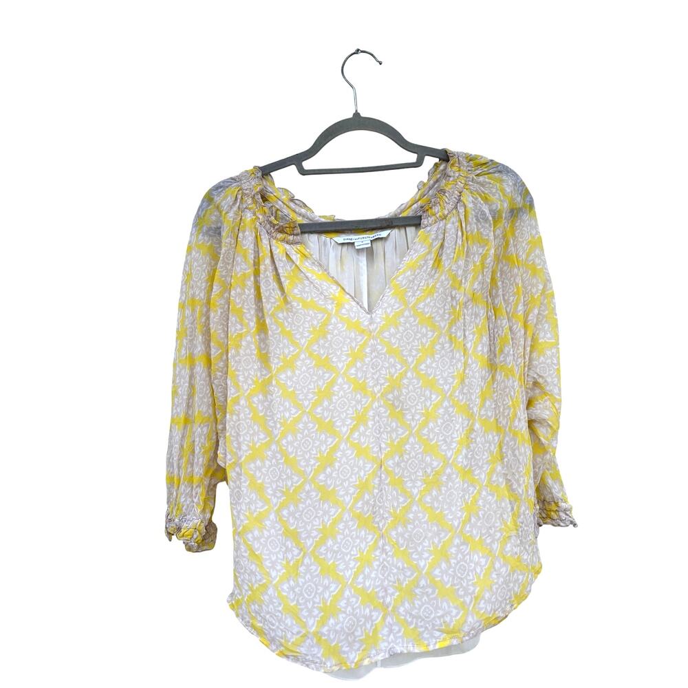 Diane Von Furstenberg‎ Peasant Silk Blouse, Yellow, 3/4 Sleeve, Sz 4